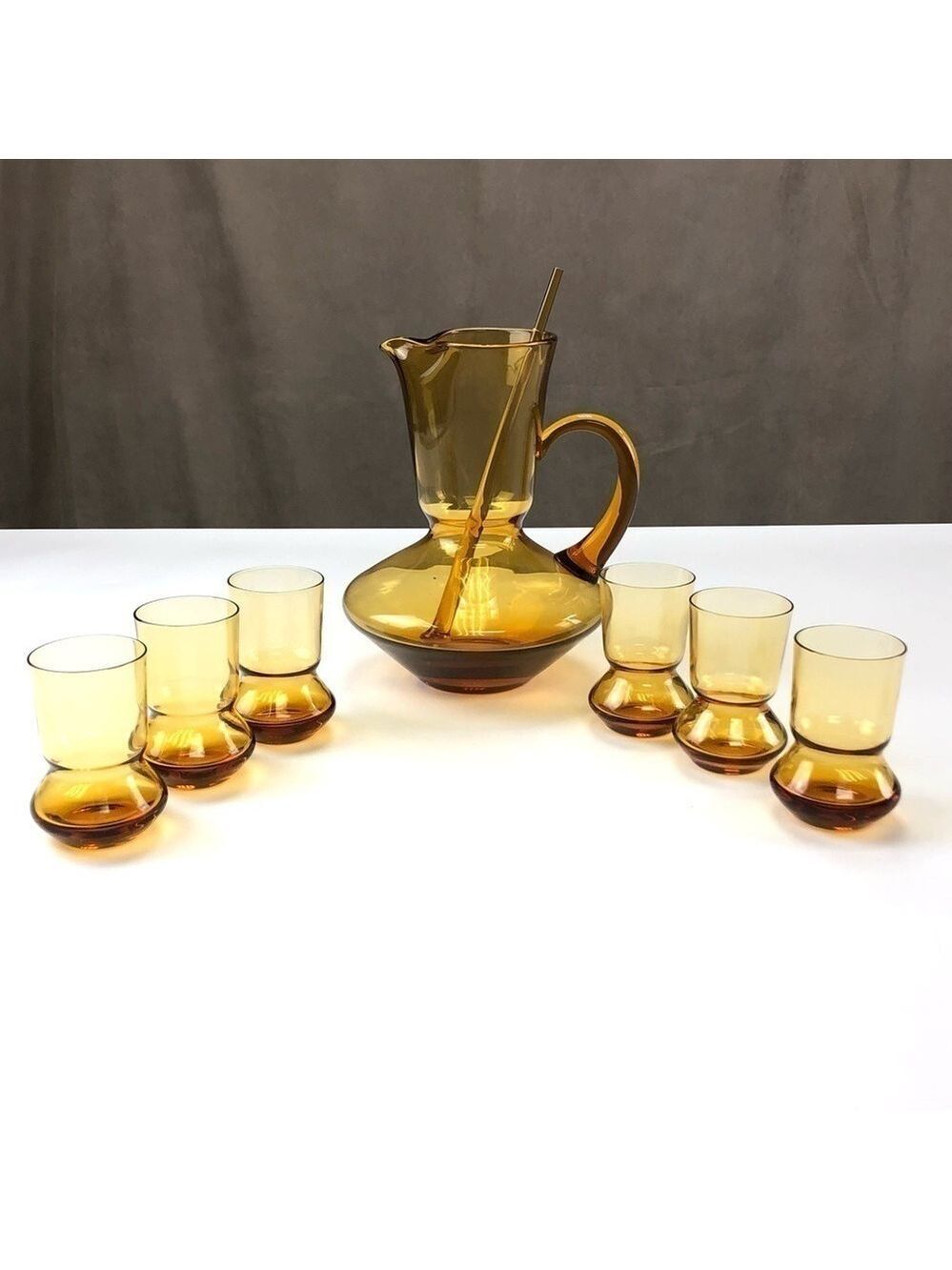 70s Amber glass cocktail barware Mid-Century Modern drinkware 8 piece set